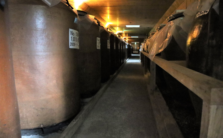 ずらりと並んだトンネル貯蔵庫のかめ壺。