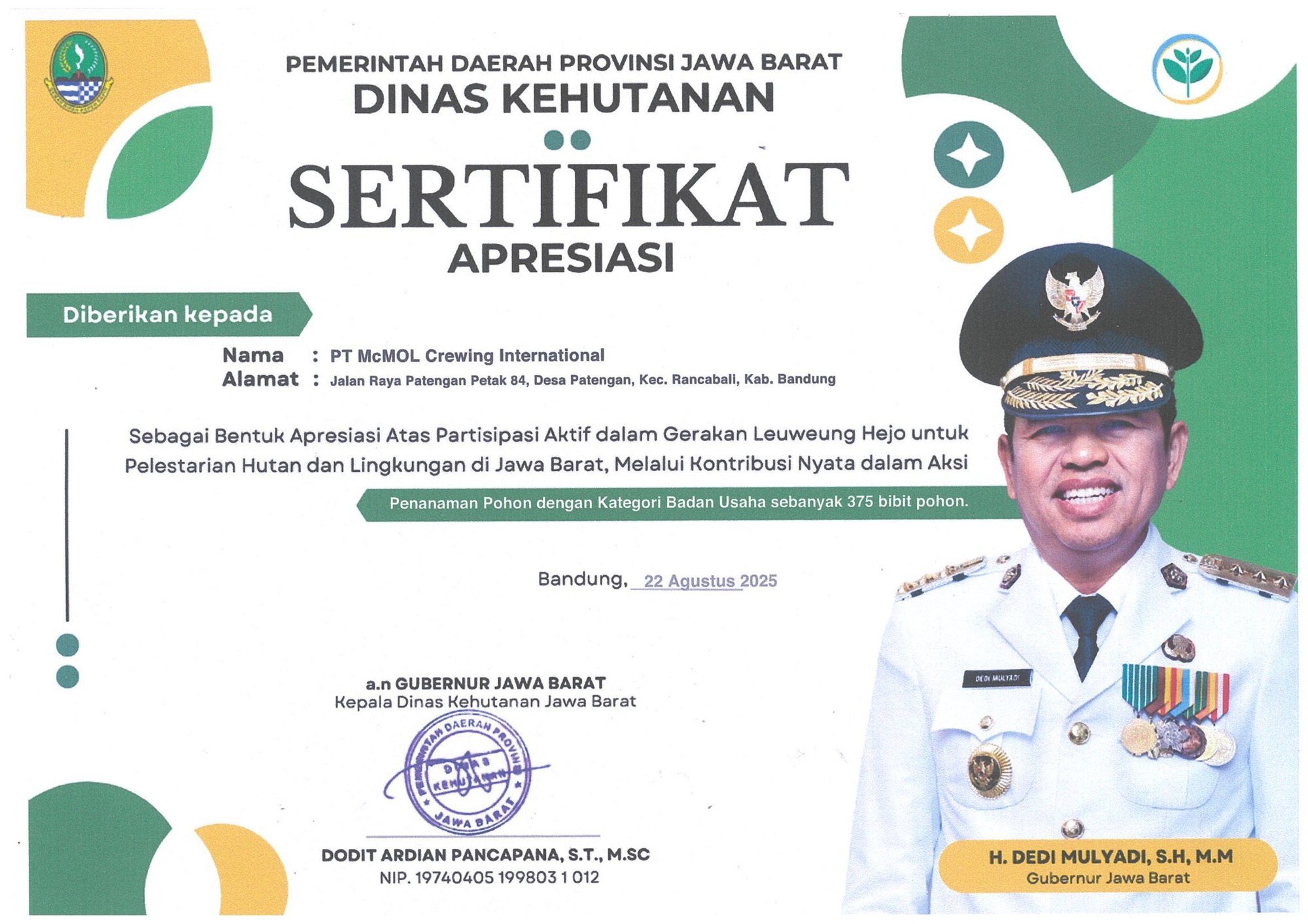 Certificate of Appreciation for Forest and Environmental Conservation in West Java